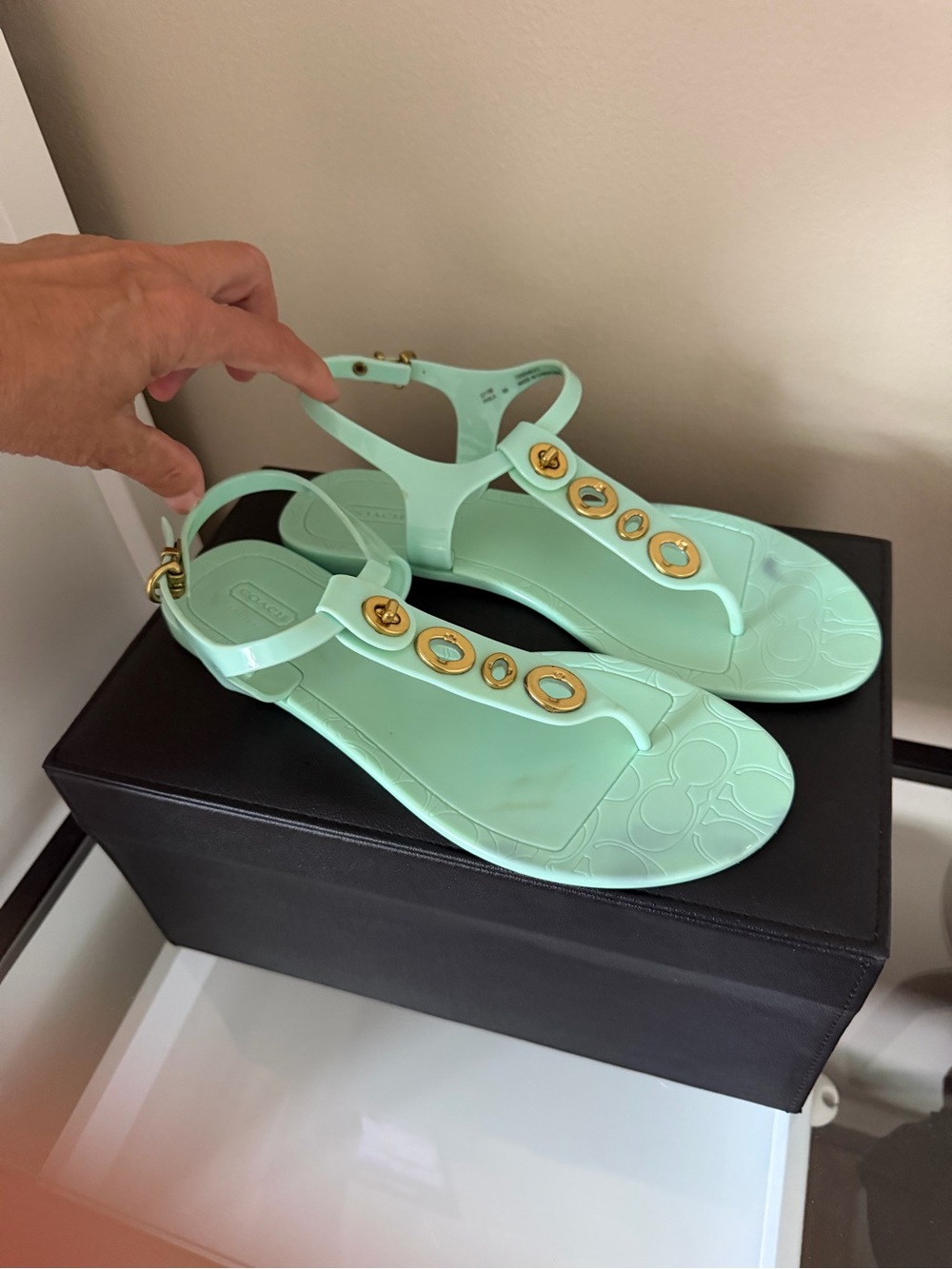 COACH Phila Mint Green Jelly Thong Sandals with Gold Turnlock Accents - Size 9B - Picture 6 of 13